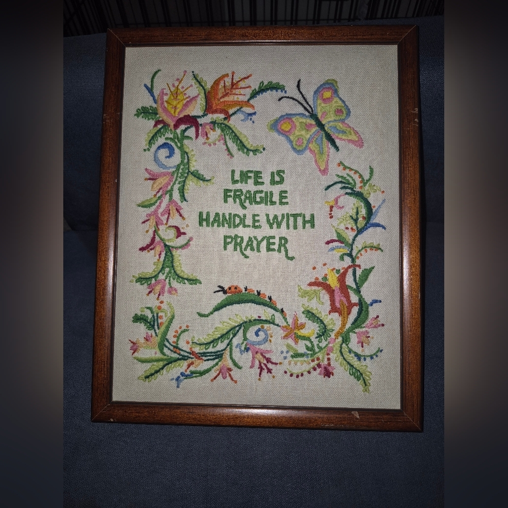 Vintage Framed Needle Point "Life Is Fragile Handle With Prayer"